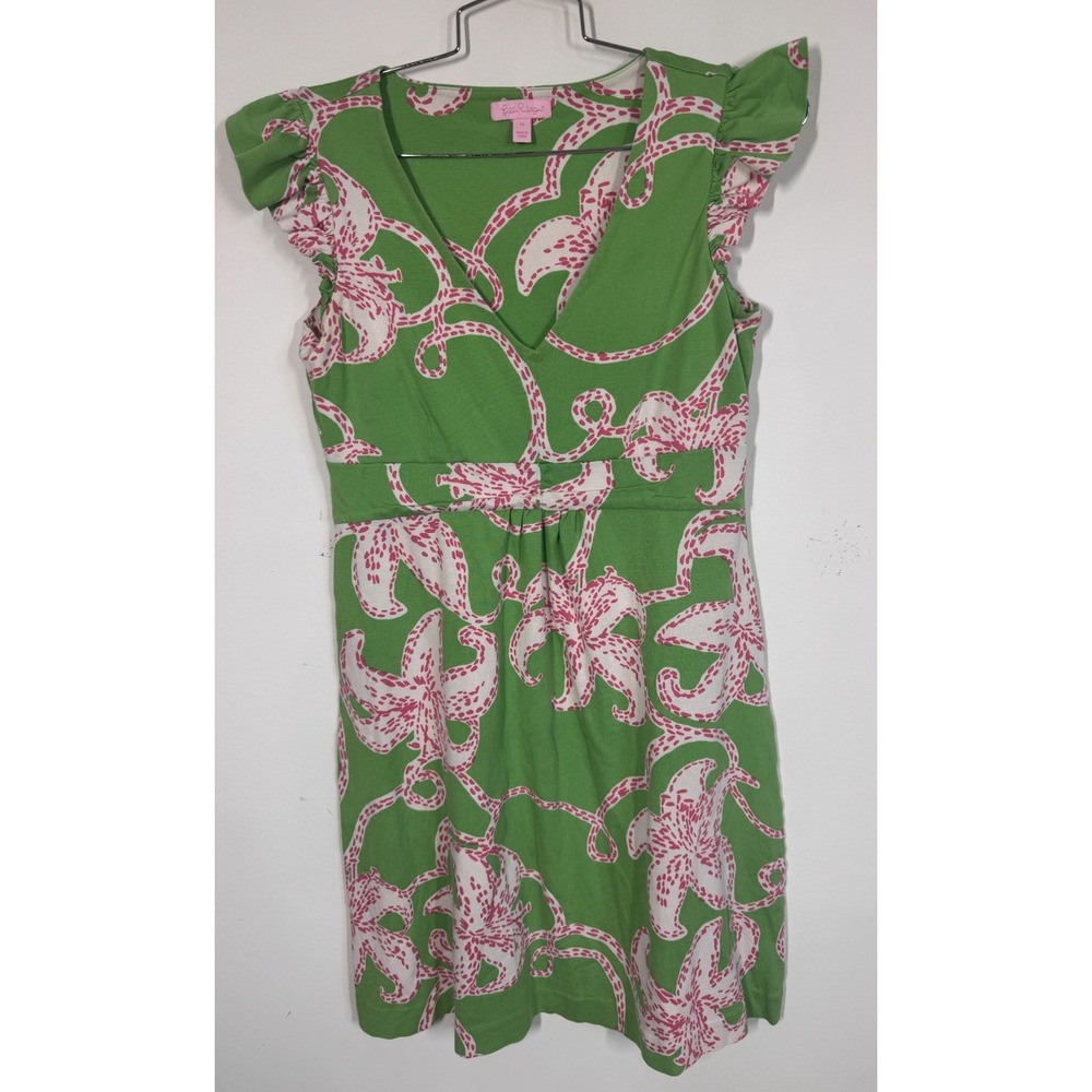 Lilly Pulitzer Clare Silk Blend V-Neck Vibrant Pink Green Ruffle Dress Size M